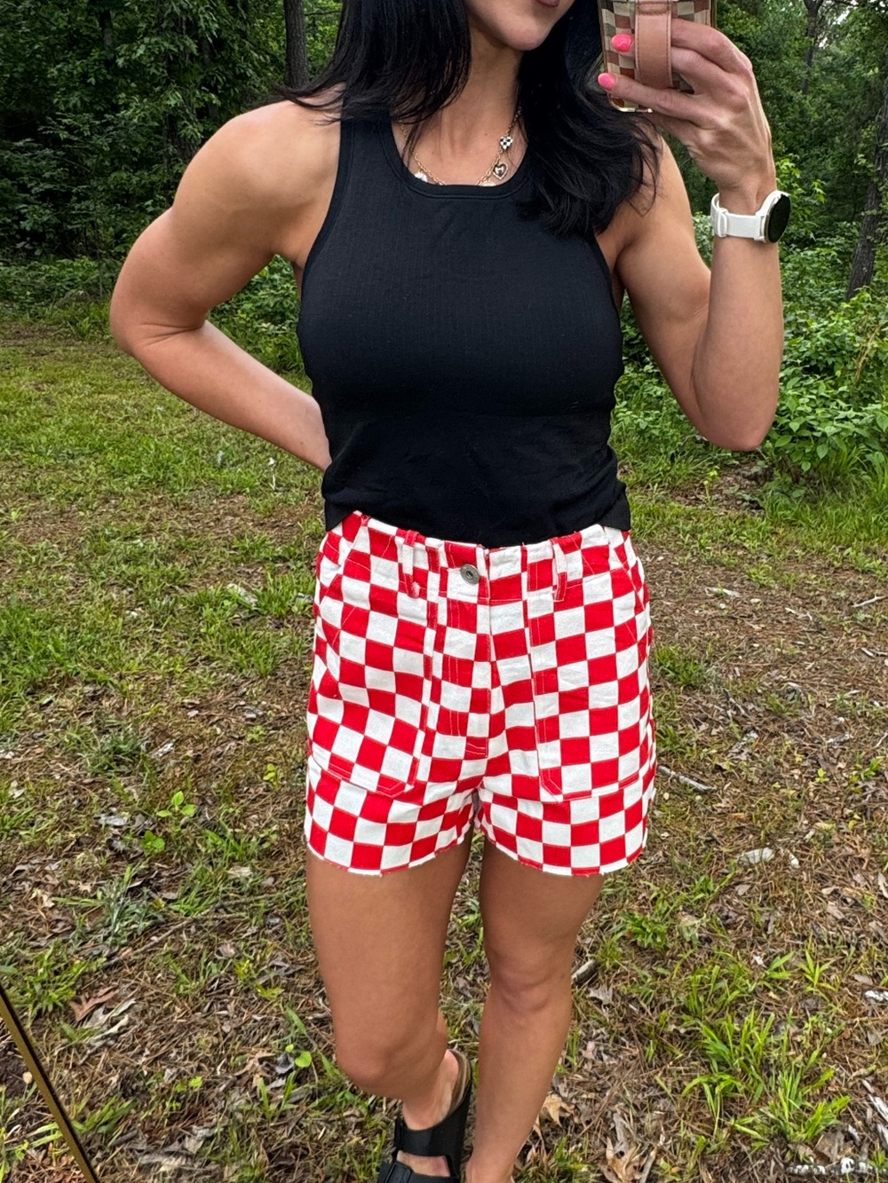 Red and White Checkerboard High-Waist Jean Shorts with Stretch